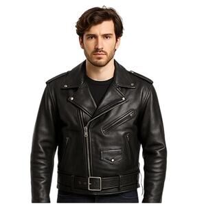 4Star Men’s Leather Motorcycle Jacket 44 Black Double-Rider Belted Lace Sides